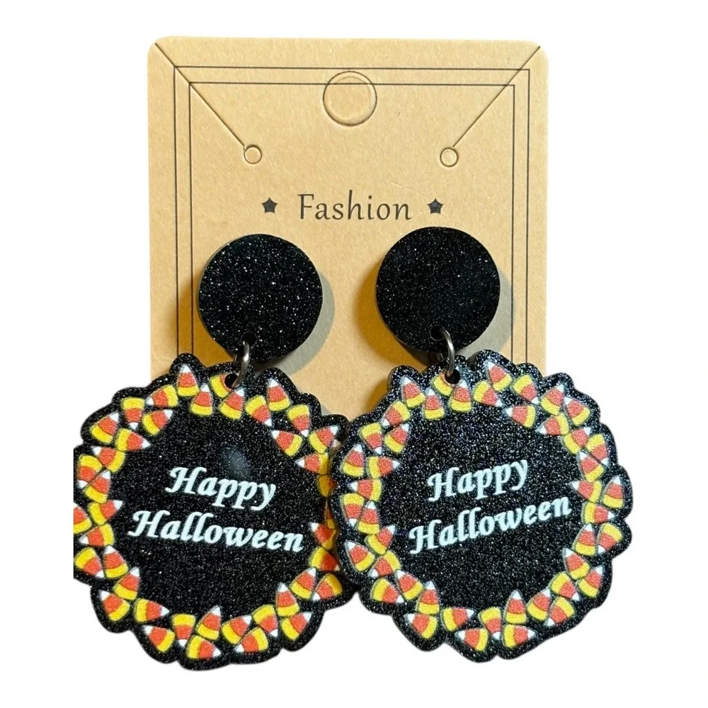 Fashion Happy Halloween Earrings Womens OS Black‎ Candy Corn Glitter Dangle Drop